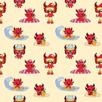 Seamless pattern with cute devil characters enjoying a fun summer beach holiday, relaxing and playing in a whimsical and playful style vector