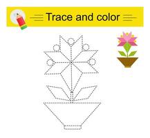 Trace and color for children. Preschool worksheet for practicing fine motor skills. Cartoon flower. vector