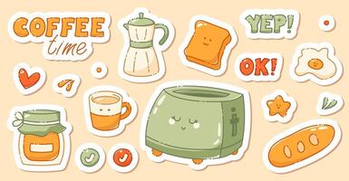 A set of kawaii stickers for a coffee-themed diary planner drawn in pastel colors. Includes a toaster with a cute smile, egg, geyser coffeemaker, jam, bread and two texts. vector