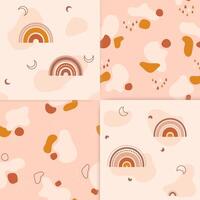 Set of four bohemian colors minimalistic kid seamless patterns. Its contains colored spots, rainbows, twigs, cute clouds with colored raindrops. Also dots and lines of different shapes. vector