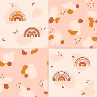 Set of four bohemian colors minimalistic kid seamless patterns. Its contains colored spots, rainbows, twigs, cute clouds with colored raindrops. Also dots and lines of different shapes.