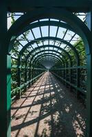 A green archway with a path leading through it photo
