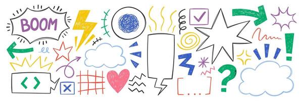 Set of y2k doodle speech bubbles with crayon, chalk or pencil texture. Bolt, star, heart and grid in sketch style. Color illustration on a white background. vector