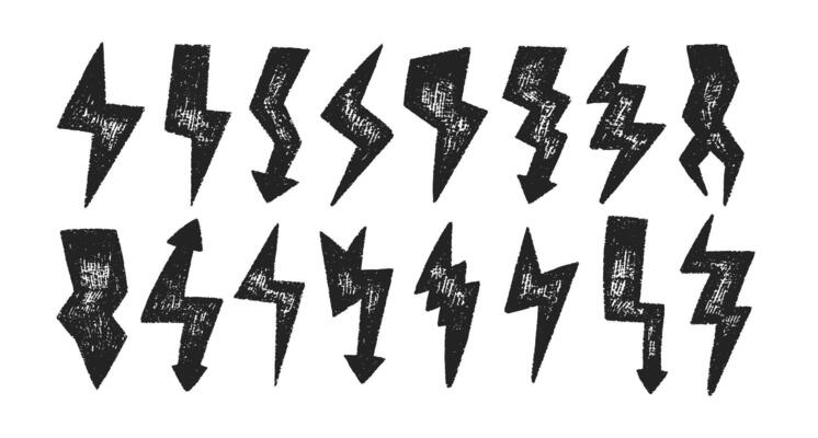 Set of lightning bolts with crayon, pastel or chalk texture. Hand drawn black grunge illustration isolated on a white background.