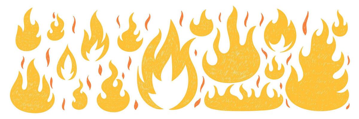 Set of hand drawn fire flames with crayon, pastel, chalk or pencil texture. Grunge elements in sketch style. Yellow illustration on a white background.