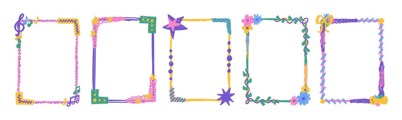 Set of doodle frames for girls with crayon, pastel or pencil texture. Frames with stars, flowers and music notes. Color illustration isolated on a white background.