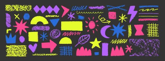 Set of y2k shapes with hand drawn texture of crayon, pastel or chalk. Grid, heart, moon and arrow in sketch style. Color illustration on a blackboard. vector