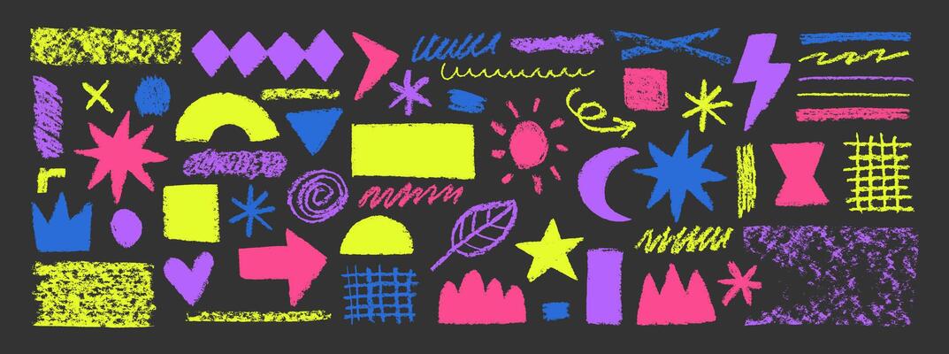 Set of y2k shapes with hand drawn texture of crayon, pastel or chalk. Grid, heart, moon and arrow in sketch style. Color illustration on a blackboard.