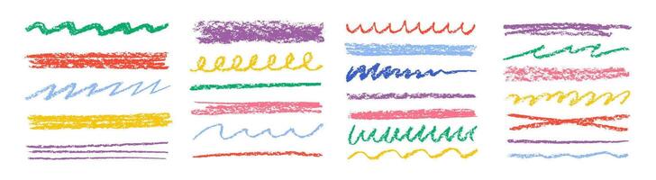 Chalk lines, charcoal highlight strokes doodle set. Kids hand drawing doodle charcoal squiggles, chalk curly lines. Color illustration isolated on a white background. vector