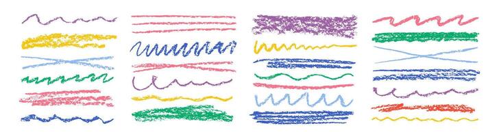 Chalk lines, charcoal highlight strokes doodle set. Kids hand drawing doodle charcoal squiggles, chalk curly lines. Grunge color illustration isolated on a white background. vector