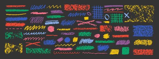 Chalk lines, charcoal highlight strokes doodle set. Grunge hand drawing doodle charcoal squiggles, chalk curly lines. Sketch color illustration isolated on a blackboard. vector