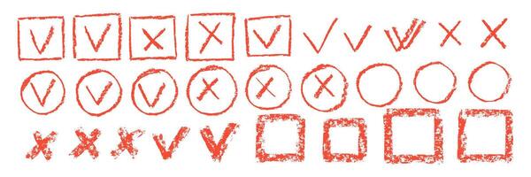 Hand drawn chalk checklist, checkbox, tick and cross signs in rectangle or oval with crayon, pastel or chalk texture. Red illustration isolated on a white background. vector