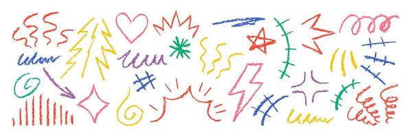 Set of movement elements with crayon, pastel or chalk texture. Expressive, emotion and decoration lines with bolt, heart, star in sketch style. Color illustration on a white background. vector