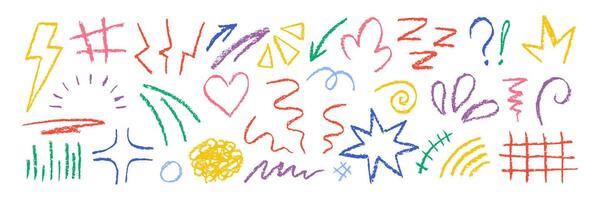 Set of movement elements with crayon, pastel or chalk texture. Expressive, emotion and decoration lines with sun, heart, grid and spot in sketch style. Color illustration on a white background. vector