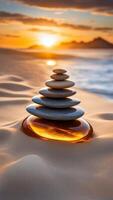 Stacked zen stones on golden glass pebble in soft sand with sunset over ocean and silhouette of mountains in peaceful nature scene photo