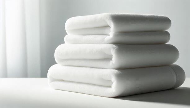 Stack of white rolled towels on clean white surface with soft shadows and minimal background in natural light for spa or bathroom use photo