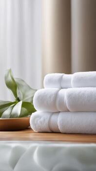 Stack of white rolled towels on bamboo surface with green tropical leaf and soft curtain background in spa or bathroom setting photo