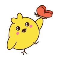 Cute little chicken with butterfly cartoon character isolated on white background. art illustration in flat style. A separate element for your design. vector