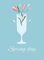 Abstract spring flowers in wine drinking glass. Spring flower drink. Element for design of poster, social media, invitation. Trendy spring card template. vector