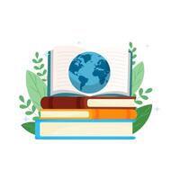 Colorful Stack of Books with Open Book and Blue Globe for World Book Day vector