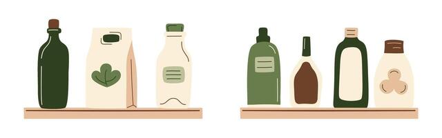 Bottles products set, drinks, milk, juice in package, oil, sauce, paper bag on shelf in a row from supermarket. Zero-waste packaging for eco-friendly design. illustration in organic flat style. vector
