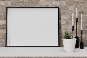 A modern interior space features a large blank picture frame positioned on a shelf. Complementing the frame are elegant candles and a small potted plant, enhancing the decor's simplicity. 3D render. photo