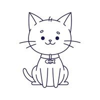 Cute happy cat in collar with medallion in the form of fish. Outline Cat in kawaii style. Hand drawn illustration. Coloring page vector
