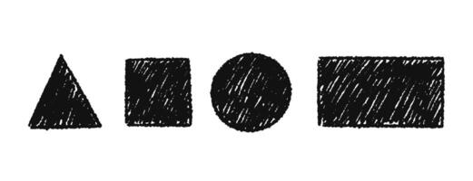 Set of simple black geometric shapes with crayon pencil. Circle, square, triangle and rectangle. texture illustration vector