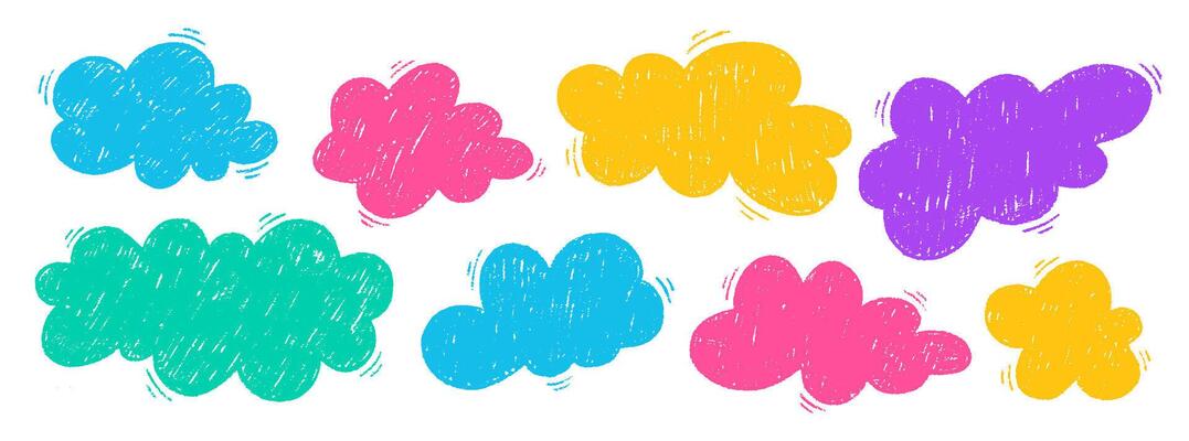 Crayon hand drawn doodle style bright clouds set with pastel texture. Chalk grunge in kids style, speech bubble. illustration