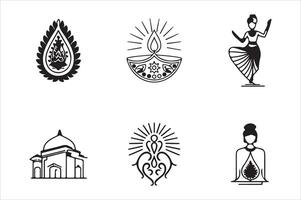 A set of minimal, black and white line art icons representing Indian culture and festivals vector