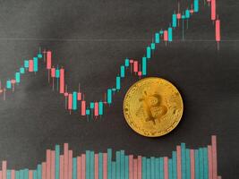 Bitcoin and cryptocurrency investing concept with graph. Bitcoin cryptocurrency coins. Trading on the cryptocurrency exchange. Trends in bitcoin exchange rates. Rise and fall chart of bitcoin. photo