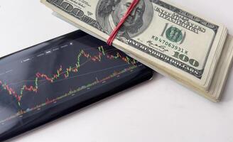 Crypto trader investor broker holding finger using cell phone app executing financial stock trade market trading order to buy or sell cryptocurrency shares thinking of investment risks profit concept. photo