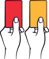 Illustration of hands holding red and yellow cards, stylized referee gesture in flat style on transparent background vector