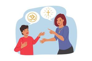 Religious conflict between angry mother and son, due to adherence to different faiths vector