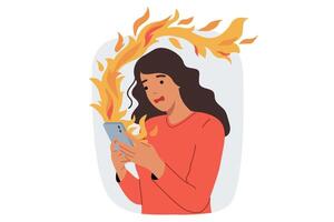 Burning phone in woman hands symbolizes wasting time on useless applications and social networks vector