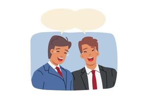 Laughing business men stand under dialogue clouds with copy space after hearing joke about managers vector
