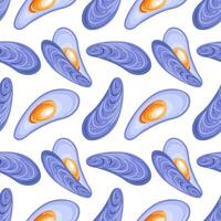 This illustration features a seamless pattern of realistic mussels, capturing their intricate textures and natural colors. Ideal for nautical themes, this design adds a touch of marine elegance vector