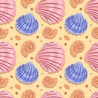 A seamless pattern featuring an elegant variety of seashells, showcasing intricate details and soft colors. This design captures the essence of the beach, making it ideal for summer-themed projects vector