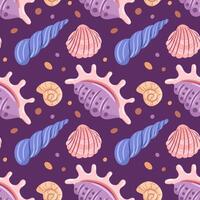 A seamless pattern featuring an assortment of beautifully detailed seashells, showcasing various shapes and sizes, delicately arranged with soft ocean hues, perfect for beach-themed designs and decor. vector