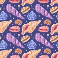 This seamless pattern showcases a delightful array of seashells in various shapes and sizes. With soft colors and intricate details, it evokes a beachy vibe, perfect for summer-themed designs, decor. vector