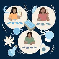 Illustration of a set of fortune tellers reading tarot cards. Prediction of the future. Signs and symbols of fortune telling. vector