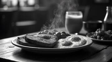 Monochrome Image of Breakfast Plate with Toast, Eggs, and Drinks photo
