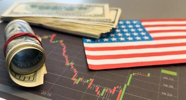 Stock market trading graph in red color economy. usa flag dollar bill background. Trading trends and economic development. Effect of recession on US economy. Stock crash market exchange loss trading photo