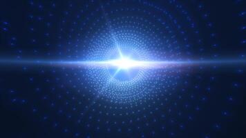Futuristic blue grid tunnel with a bright core light, representing technology, data transmission, and high-speed connectivity in a sci-fi video