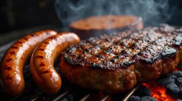 Grilled Sausages and Meat Patties on a Charcoal Grill photo