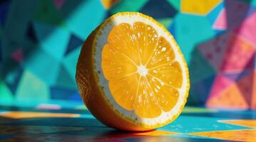 Glowing slice of orange stands on colorful mosaic glass photo