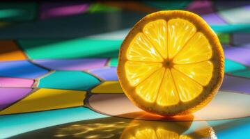 Glowing slice of lemon stands on colorful mosaic glass photo