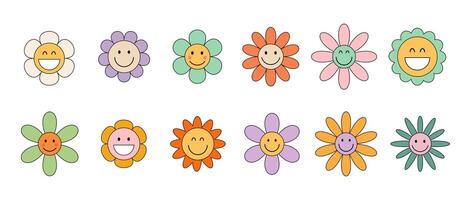 Retro groovy flower set. Cartoon flowers set with different faces. Hippie flowers. Retro 70s, psychedelic groove elements. Icon flowers set vector