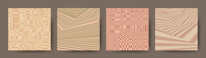Retro distorted background. Checkered distorted backdrops. Vintage poster set. Distorted checker. Posters templates collection. Fluid liquid wavy lines. vector