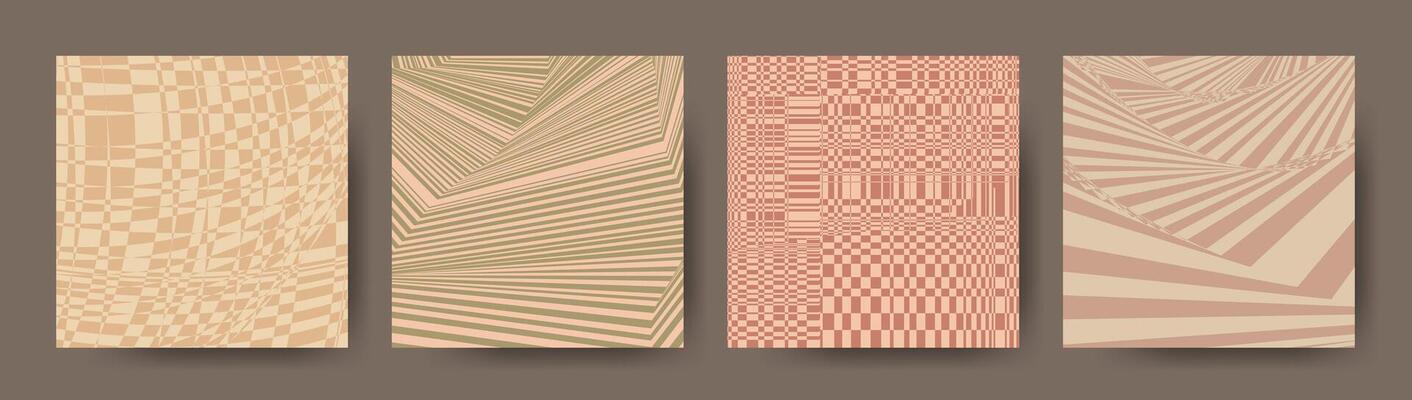 Retro distorted background. Checkered distorted backdrops. Vintage poster set. Distorted checker. Posters templates collection. Fluid liquid wavy lines.